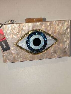 Evil Eye Pearl Acrylic Clutch with Blue Jewel Accent And Crossbody Strap